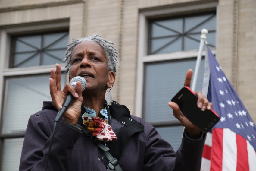 Poet and activist Norma Johnson speaks at the Littleton Municipal Courthouse as part of the Black Lives Matter Solidarity Walk on June 18.